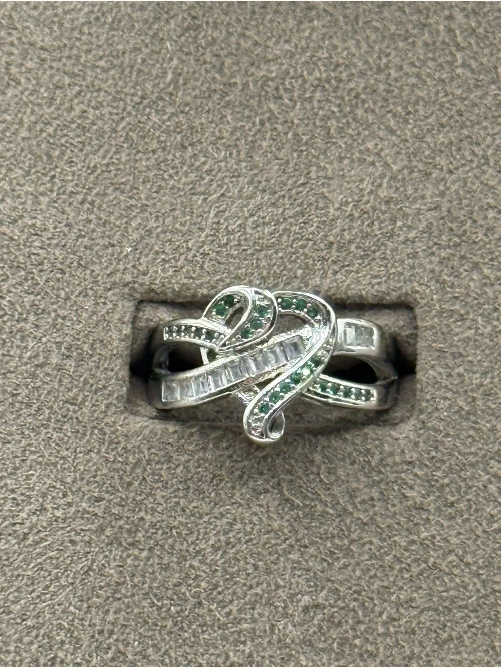 Sterling Silver heart Green and White Stone Crossover Ring